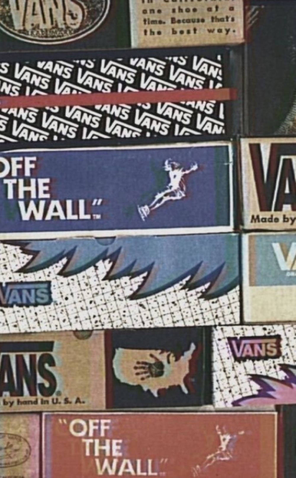 復古Vans鞋盒拼貼畫，包含「Off The Wall」標語和滑板圖案。