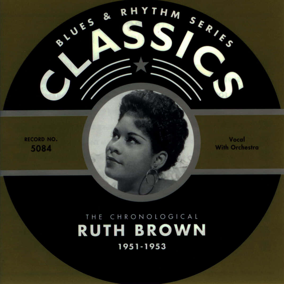  壁紙 — 復古黑膠唱片標籤，以金色和黑色背景上的Ruth Brown黑白肖像為特色。
