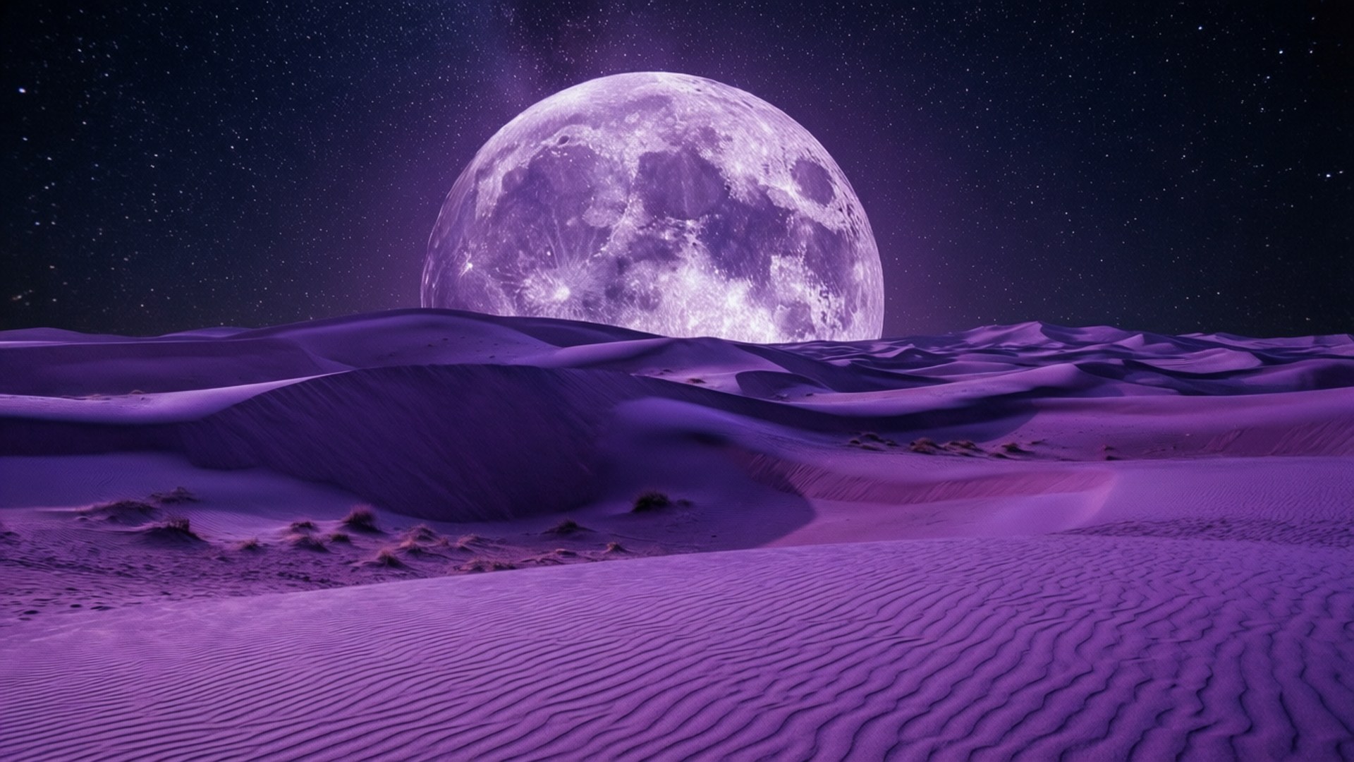 紫色月亮在星空下升起，越過有紋理的沙丘