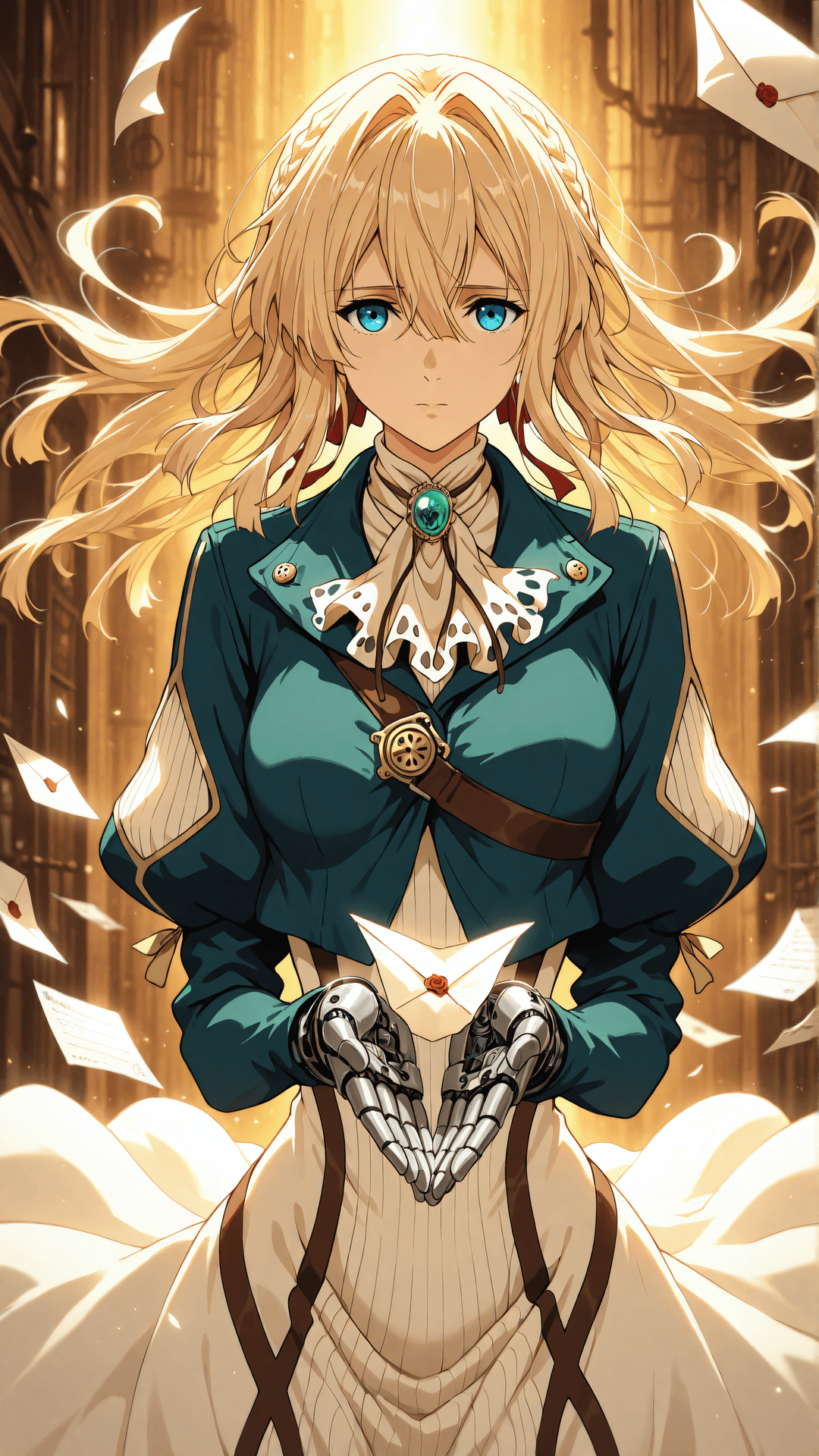 Violet Evergarden 4K 壁紙 — 一位金髮藍眼的動漫女孩穿著青綠色外套，用機械手拿著一封信，紙張在溫暖的金色光芒中漂浮在她周圍。