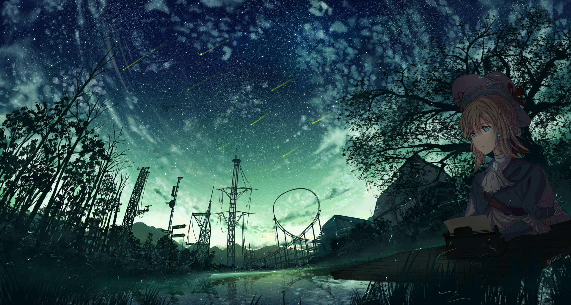 Violet Evergarden 劇中角色 Violet Evergarden 壁紙 — 一個孤獨的動漫女孩坐在河邊，在繁星點點的夜空下，流星掠過廢棄的遊樂園遊樂設施。
