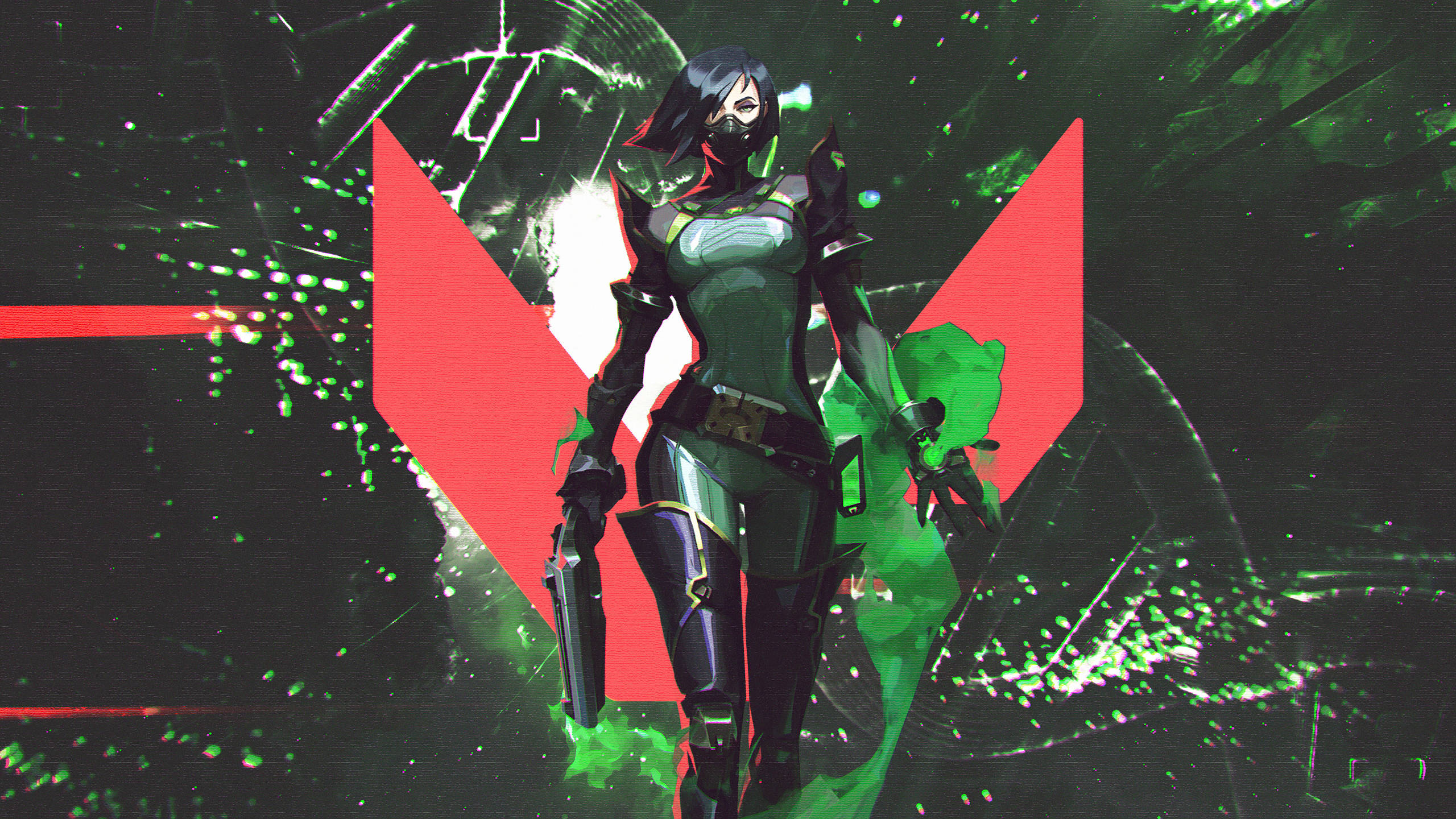 以毒液之力無敵——Viper 壁紙 — 一位身穿綠色裝甲的賽博龐克女戰士站在發光的紅色V標誌前，背景是破碎的數位畫面。