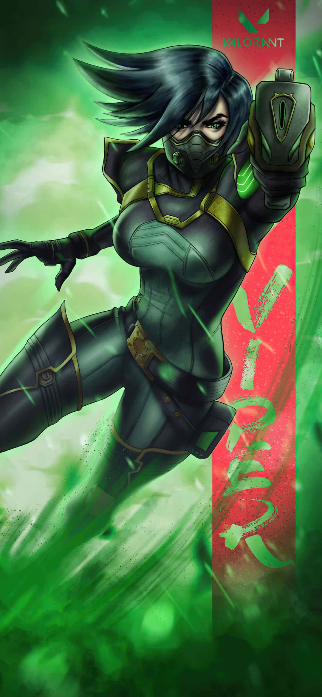 Viper iPhone X Valorant背景 壁紙 — 一位充滿動感的動漫風格女性特工，身穿綠色和黑色裝備，手持未來武器，在發光的綠色能量背景下向前躍進。