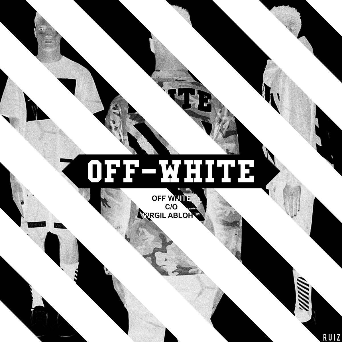 Virgil Abloh Off White 標誌 壁紙 — 黑白對角條紋覆蓋穿著 Off-White 服裝的模特兒碎片化圖像，帶有鮮明的品牌標誌。