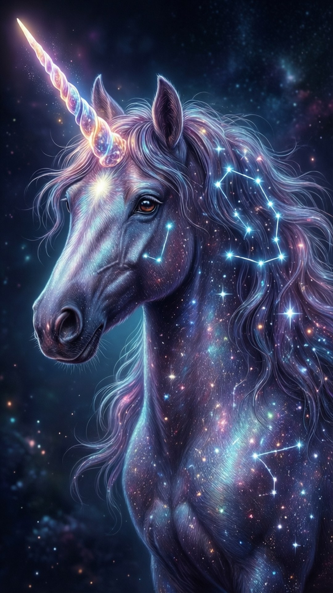 一隻擁有發光角和星塵鬃毛的獨角獸，背景是鮮豔的宇宙星雲。