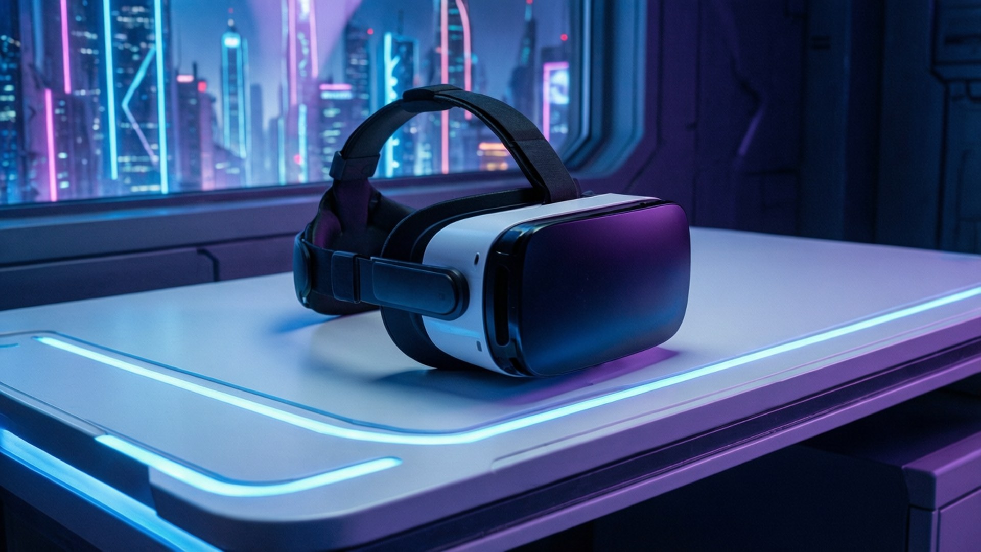 VR頭戴式裝置在發光的桌子上，透過窗戶可見霓虹燈光