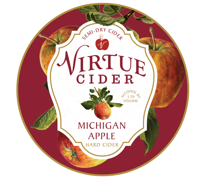 Virtue Cider 密歇根蘋果標籤 壁紙 — 一個圓形標籤，用於Virtue Cider，帶有紅蘋果、綠葉和優雅字體，背景為深棗紅色。