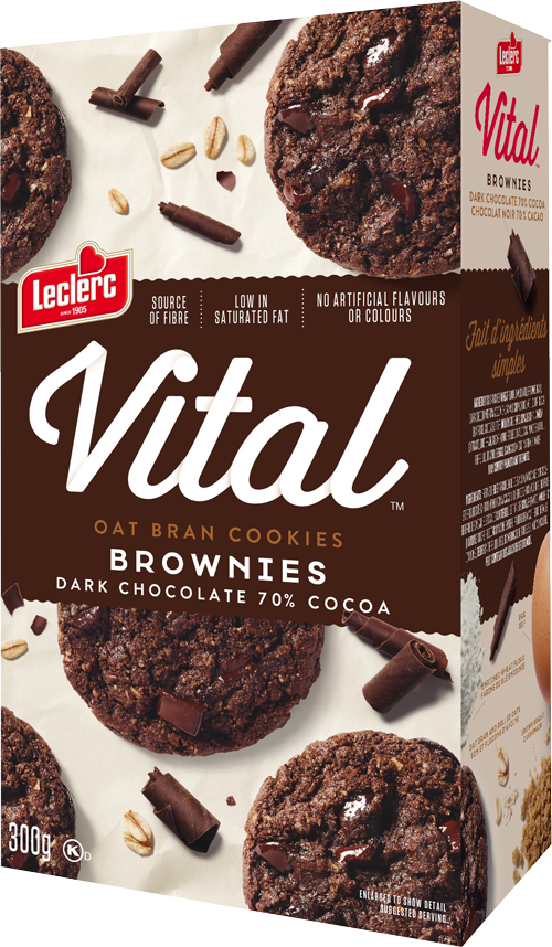 Vital燕麥纖維餅乾布朗尼包裝 壁紙 — Leclerc Vital 燕麥麩餅乾盒的特寫，包含黑朱古力70%可可餅乾，可見燕麥和朱古力塊。