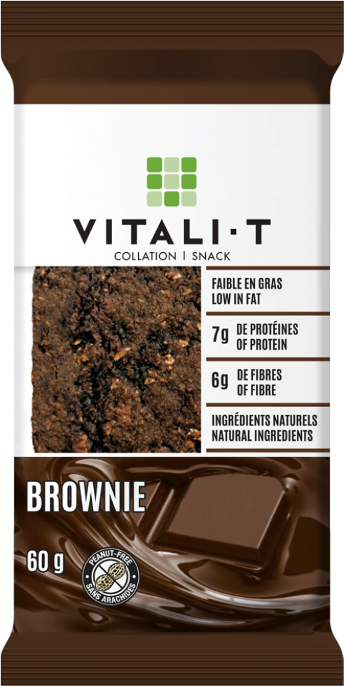Vitali T 蛋白質布朗尼包裝 壁紙 — Vitali-T 布朗尼味零食棒包裝的特寫，突出其蛋白質和纖維含量，並帶有豐富的朱古力圖像。