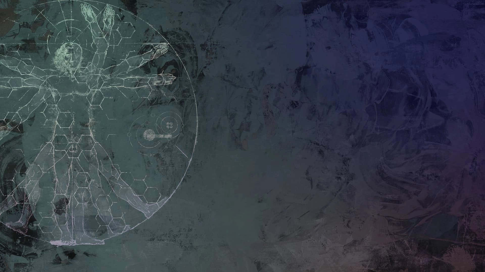  壁紙 — 一幅數碼藝術作品，描繪維特魯威人，上面覆蓋著六邊形網格和電路，背景為帶紋理的深藍綠色和紫色。
