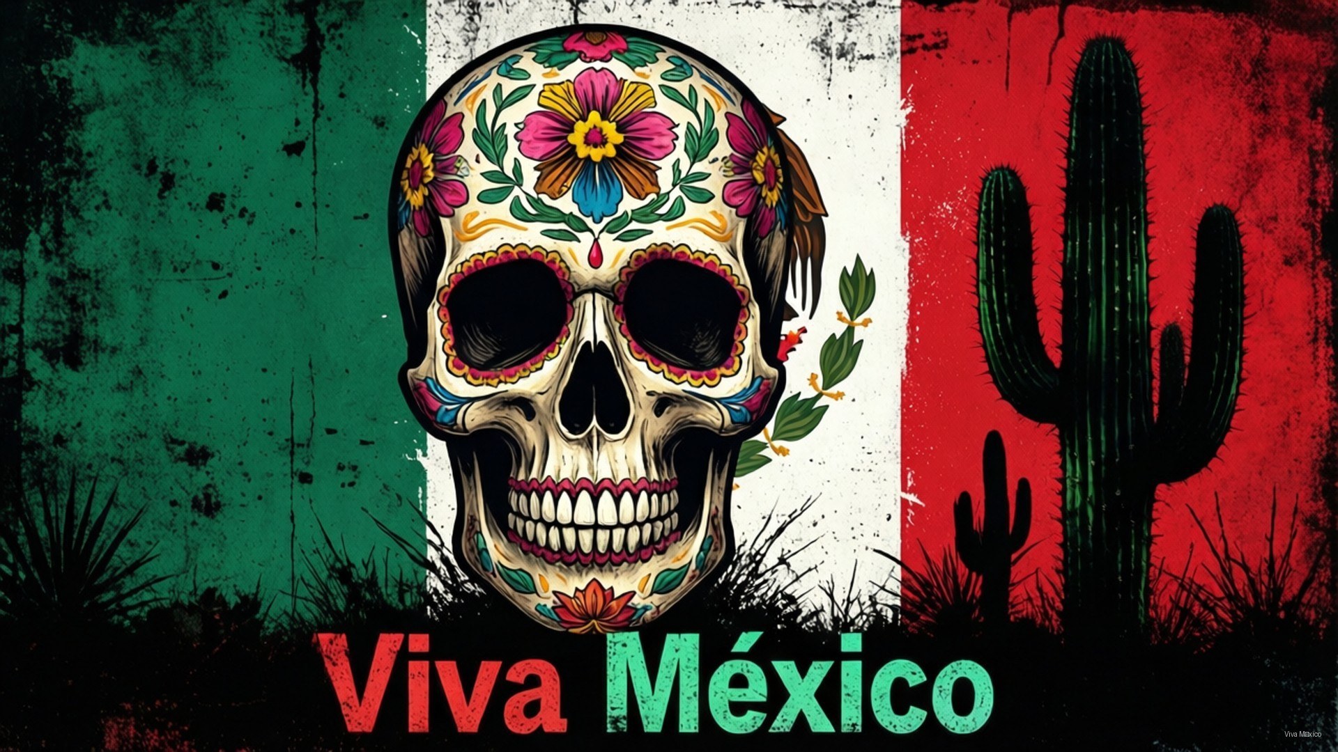 色彩鮮豔的糖骷髏，飾有花朵，與墨西哥國旗、仙人掌和「Viva Mexico」文字。