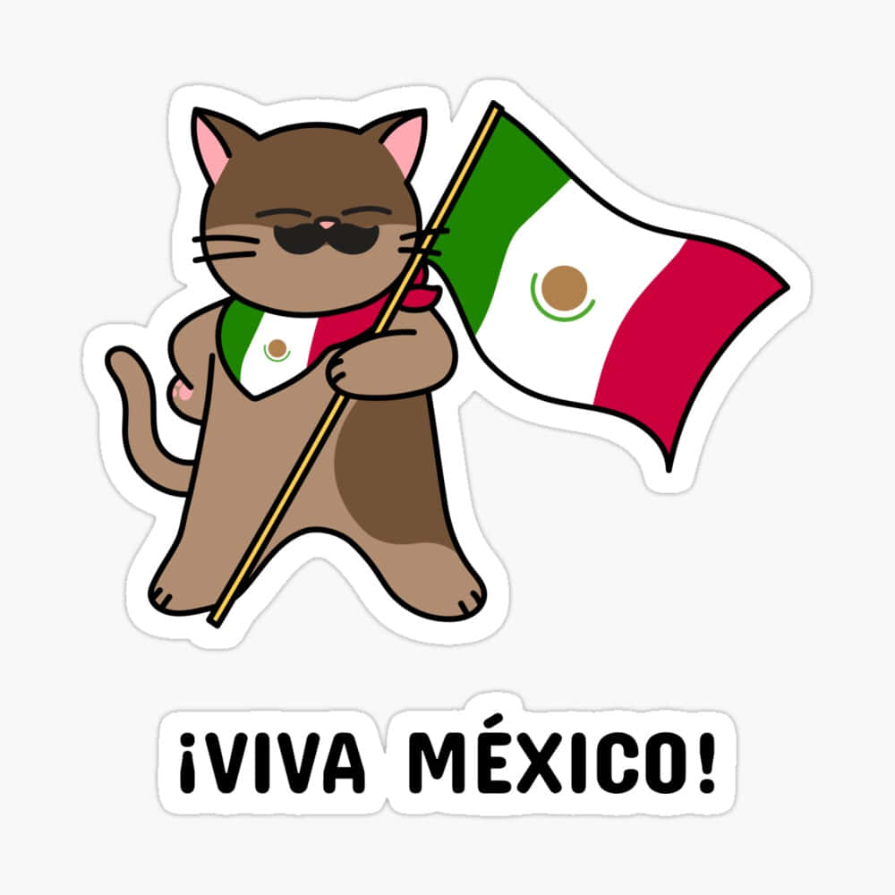 一隻卡通貓舉著帶有「¡VIVA MÉXICO!」文字的墨西哥國旗。