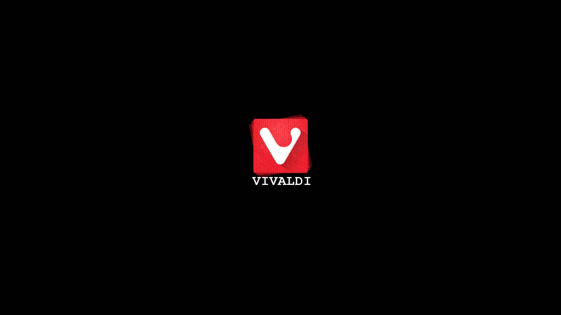 Vivaldi網頁瀏覽器簡潔介面 壁紙 — 一個大膽的紅色紋理正方形，中央有一個白色V標誌，黑色背景下方有VIVALDI字樣。