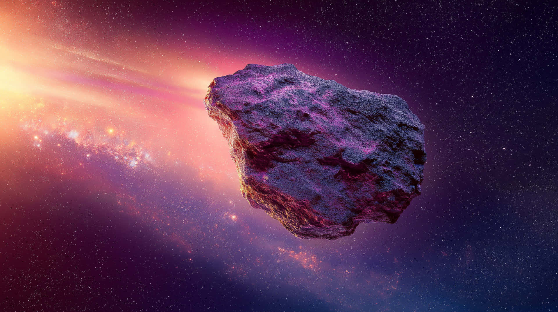 一顆岩石小行星漂浮在色彩繽紛的星雲中，充滿了星星和發光的宇宙塵埃。