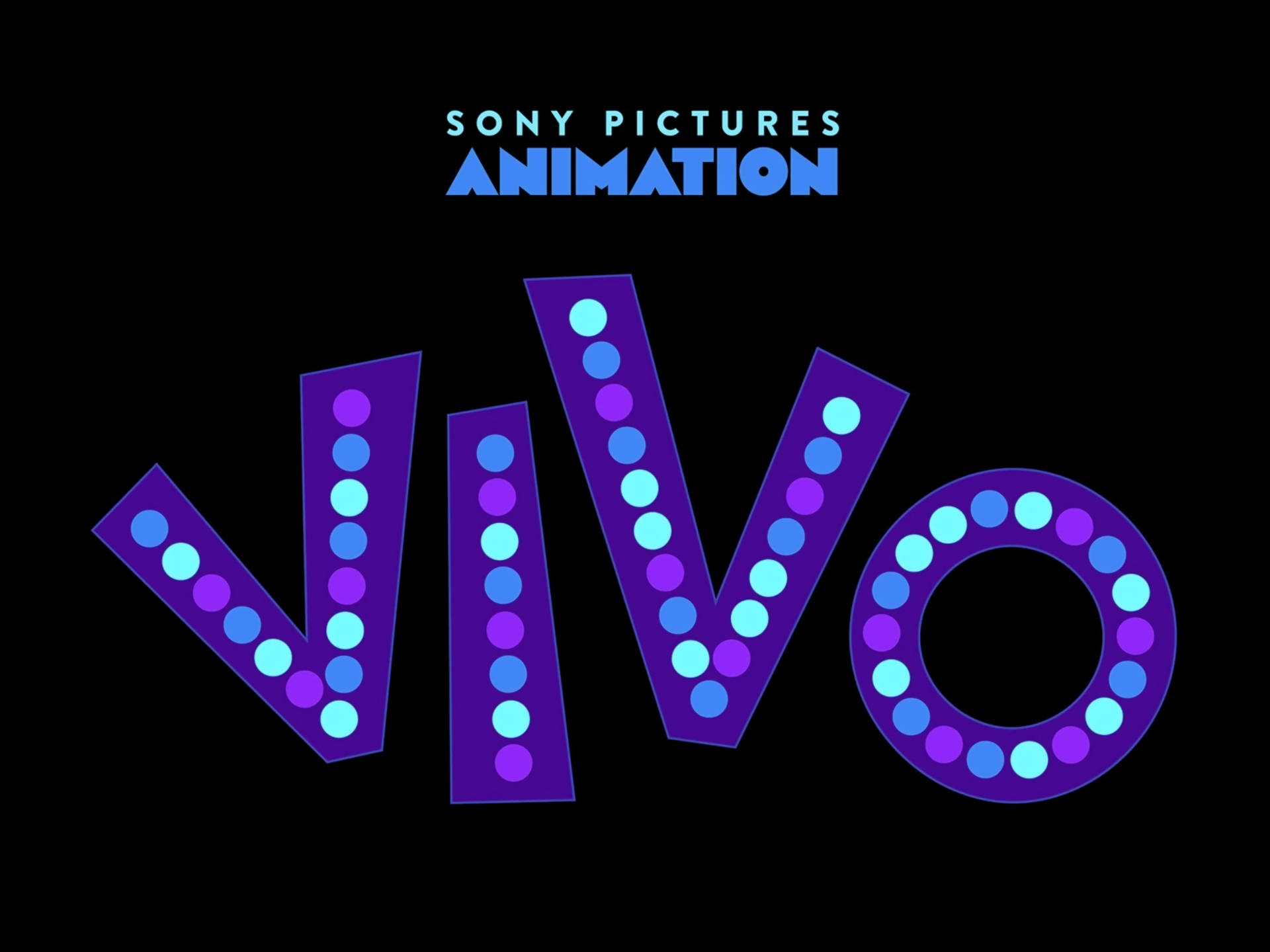 在 Sony Pictures Animation 下，黑色背景上帶有發光點的 Vivo 標誌
