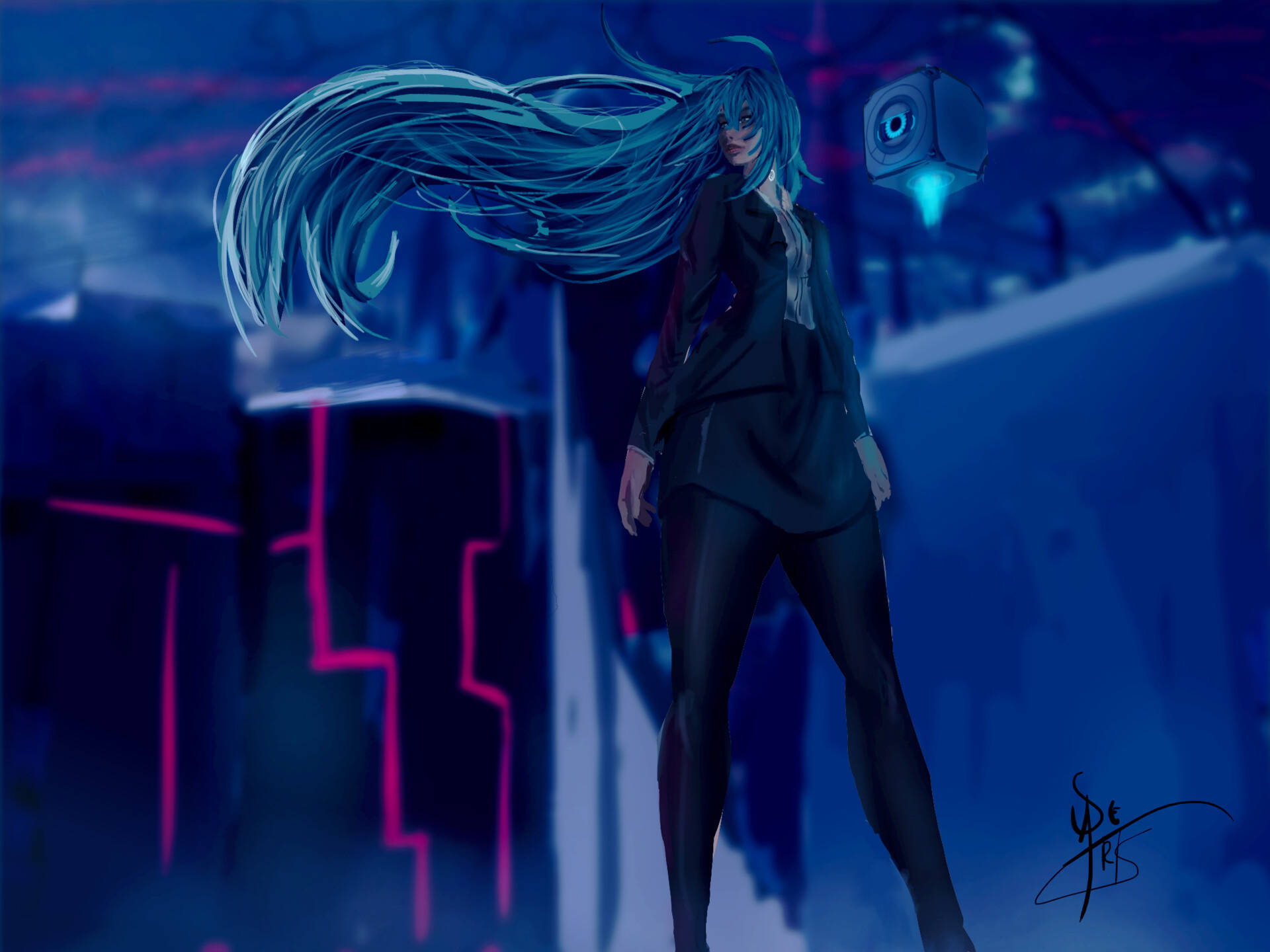藍髮動漫女孩穿著黑色服裝，站在霓虹燈照亮的賽博朋克小巷中，旁邊有漂浮的發光立方體。