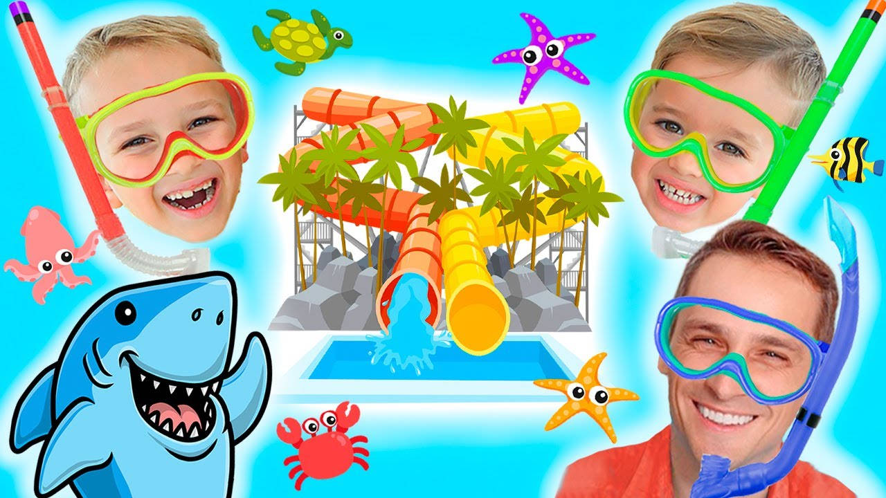 穿著浮潛裝備的孩子和成年人與卡通海洋動物和水上滑梯。