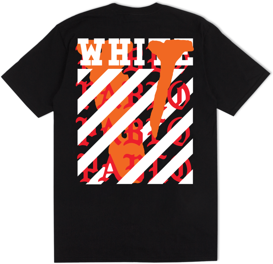 Vlone Friends 黑色T恤設計 壁紙 — 黑色T恤，帶有醒目圖案，包括橙色剪影、白色斜紋和重複的紅色「RADIO」文字。