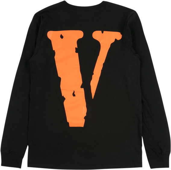 Vlone 黑色長袖T恤 壁紙 — 黑色長袖襯衫，背面有一個大膽的橙色磨損V標誌。