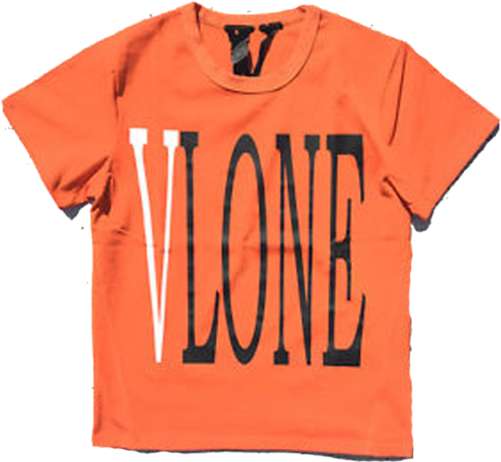 橙色 Vlone T恤 壁紙 — 一件鮮橙色T恤，上面有粗體黑白「VLONE」字樣，襯托在純白背景上。