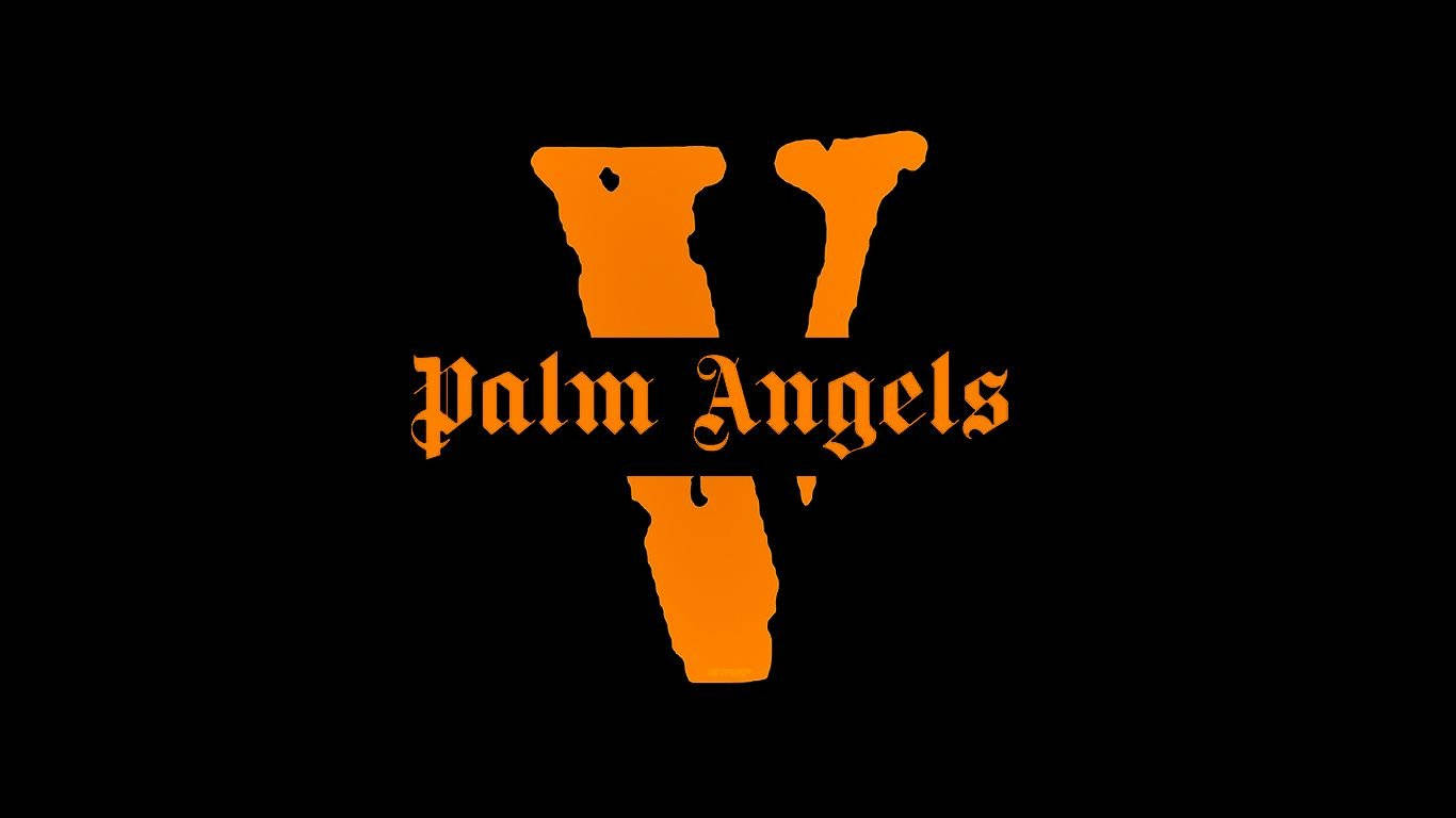 VLONE 與 Palm Angels 合作款 壁紙 — 在純黑色背景上，帶有風格化 V 形的醒目橙色 Palm Angels 標誌。