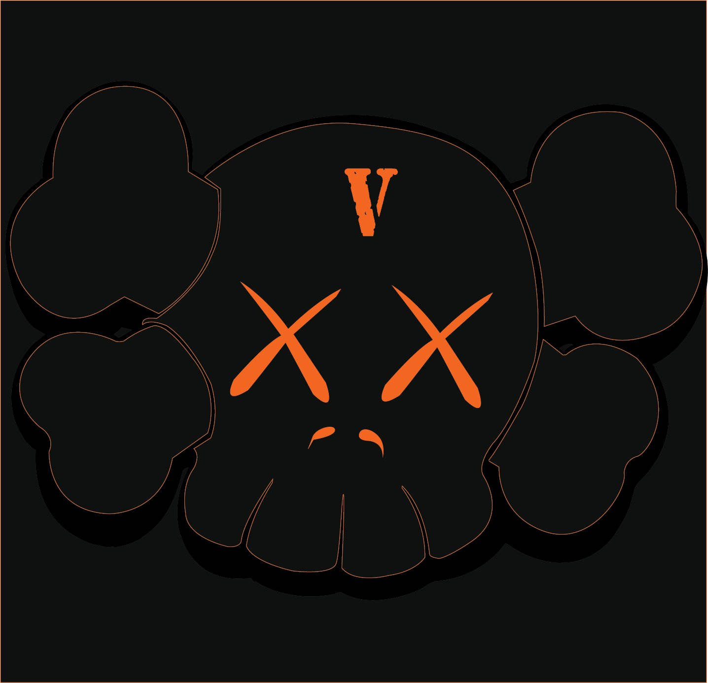 VLONE 頭骨標誌 壁紙 — 一個風格化的黑色骷髏頭，帶有橙色X形眼睛和額頭上的V形符號，以橙色勾勒在深色背景上。