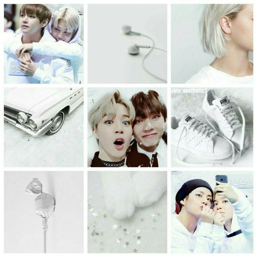 Vmin 白色風格 壁紙 — 一張黑白拼貼畫，展示BTS成員在自然瞬間，搭配白色運動鞋、復古汽車和星星閃粉點綴。