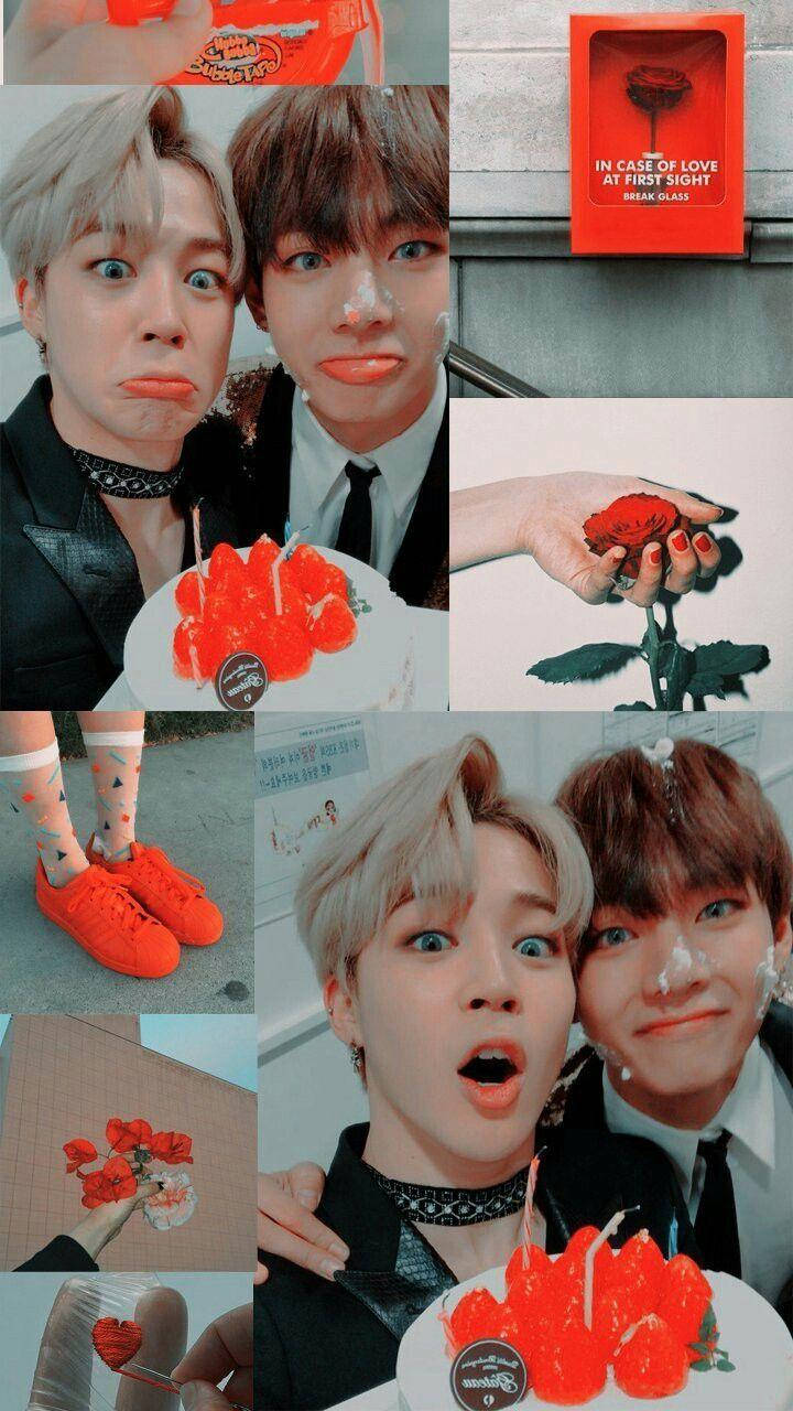 Vmin 熱烈紅橙拼貼 壁紙 — 一幅充滿活力的拼貼畫，描繪兩名男子以紅色主題蛋糕、玫瑰和配飾，在城市和工作室背景下擺出俏皮姿勢。