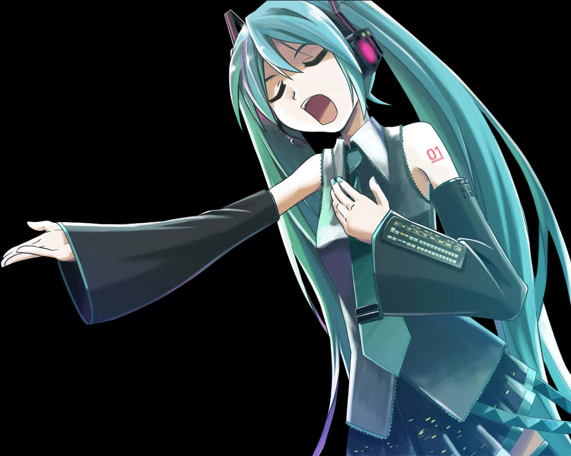 Vocaloid 演唱動畫渲染 壁紙 — 動漫角色留著長長的青色頭髮，戴著耳機，在黑色背景前熱情歌唱。