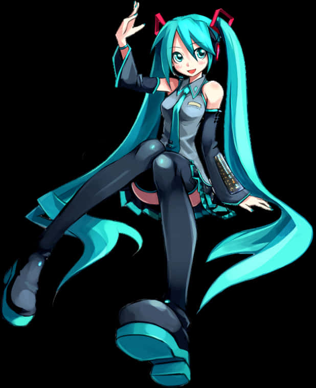 初音未來Vocaloid姿勢插畫 壁紙 — 動漫角色初音未來，擁有藍綠色雙馬尾和未來風格服裝，在黑色背景上動態擺姿勢。