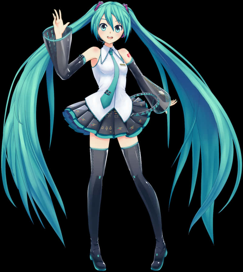 初音未來Vocaloid角色 壁紙 — 動漫角色初音未來，擁有藍綠色雙馬尾，在黑色背景前愉快地揮手。