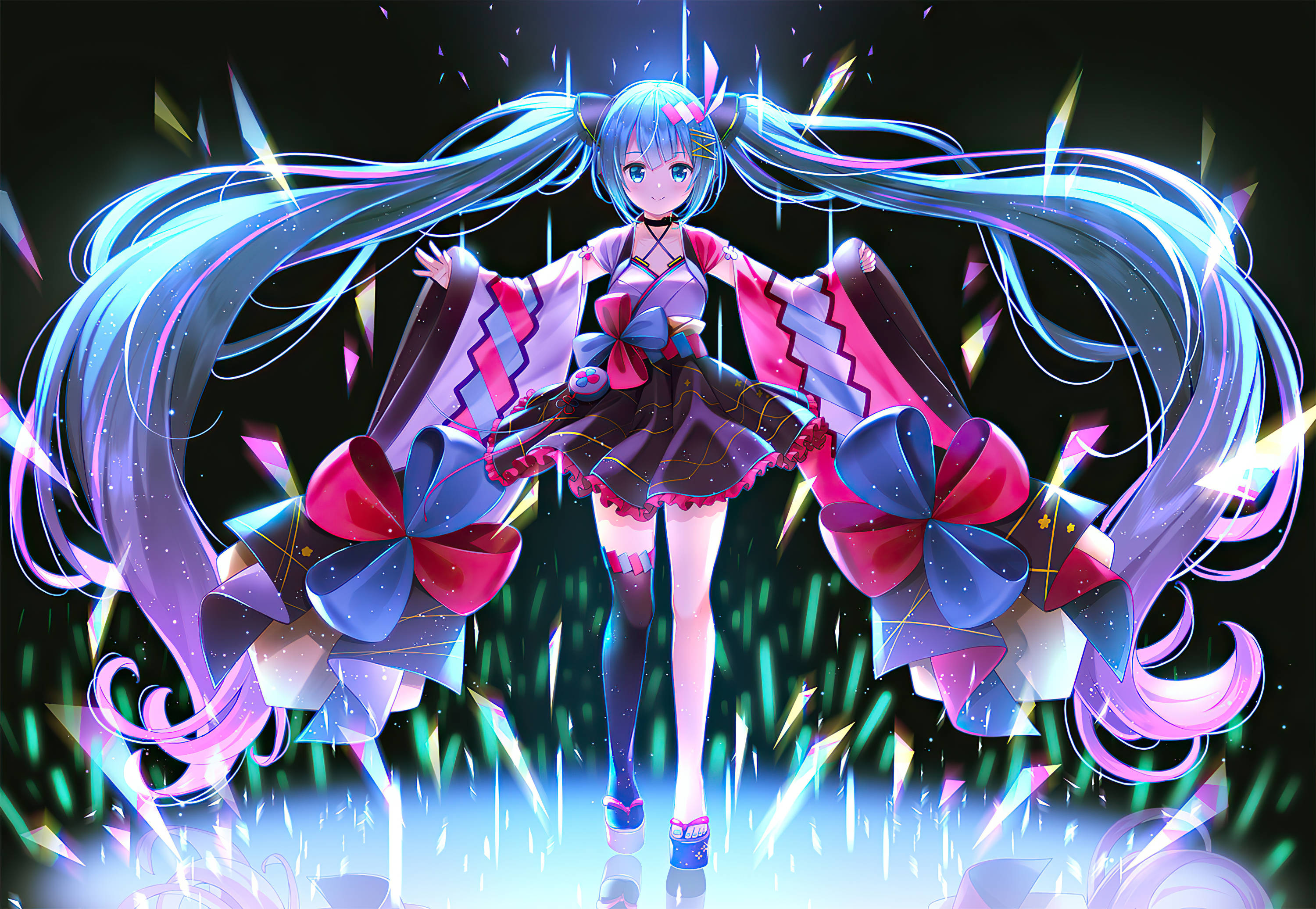 初音未來——虛擬Vocaloid歌手 壁紙 — 長藍色頭髮和貓耳嘅動漫少女喺發光幾何形狀同閃爍粒子之間跳舞。