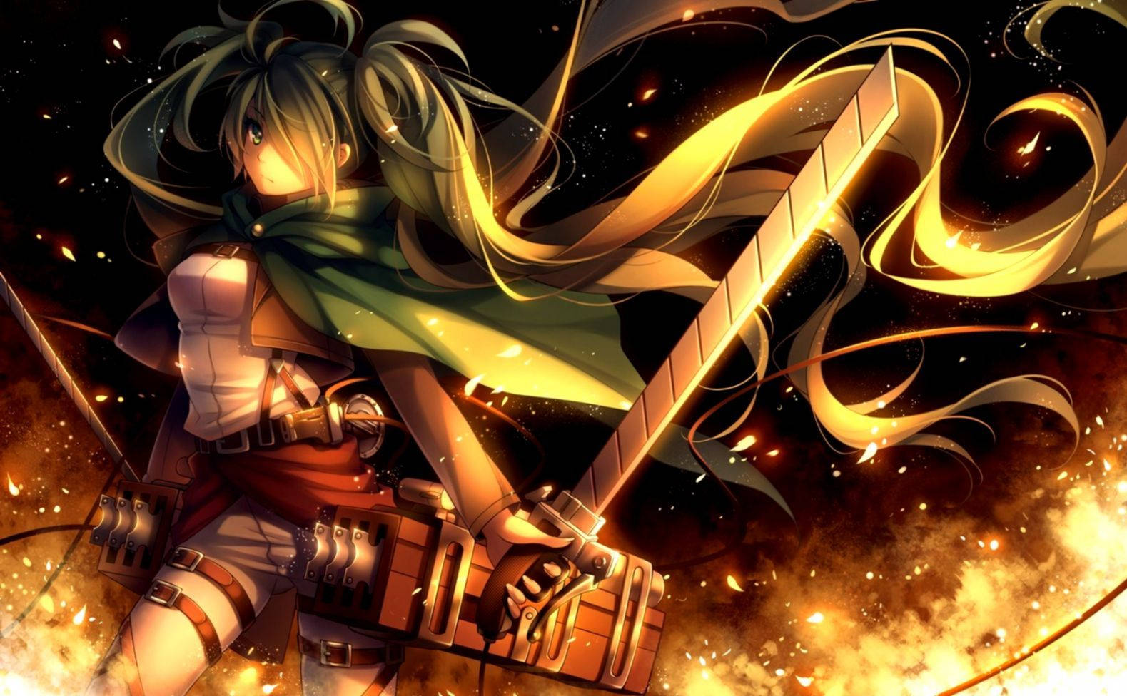 Vocaloid Miku 火焰動漫風 壁紙 — 一位綠髮披風的動漫戰士，在黑暗背景中，於熾熱火花中揮舞著發光的劍。