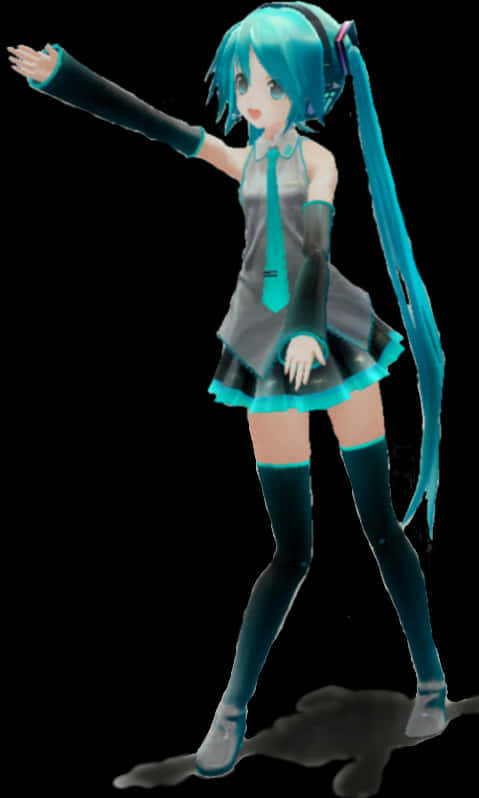 初音未來Vocaloid角色姿勢 壁紙 — 動漫角色，擁有藍綠色雙馬尾和耳機，在黑色背景前擺出動態姿勢。