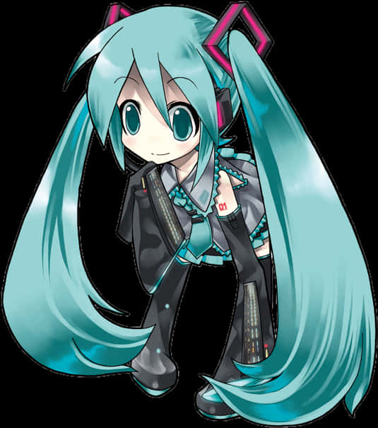 初音未來Vocaloid角色 壁紙 — Chibi風格動漫女孩，擁有藍綠色雙馬尾和粉紅色耳機，在黑色背景前自信地擺姿勢。