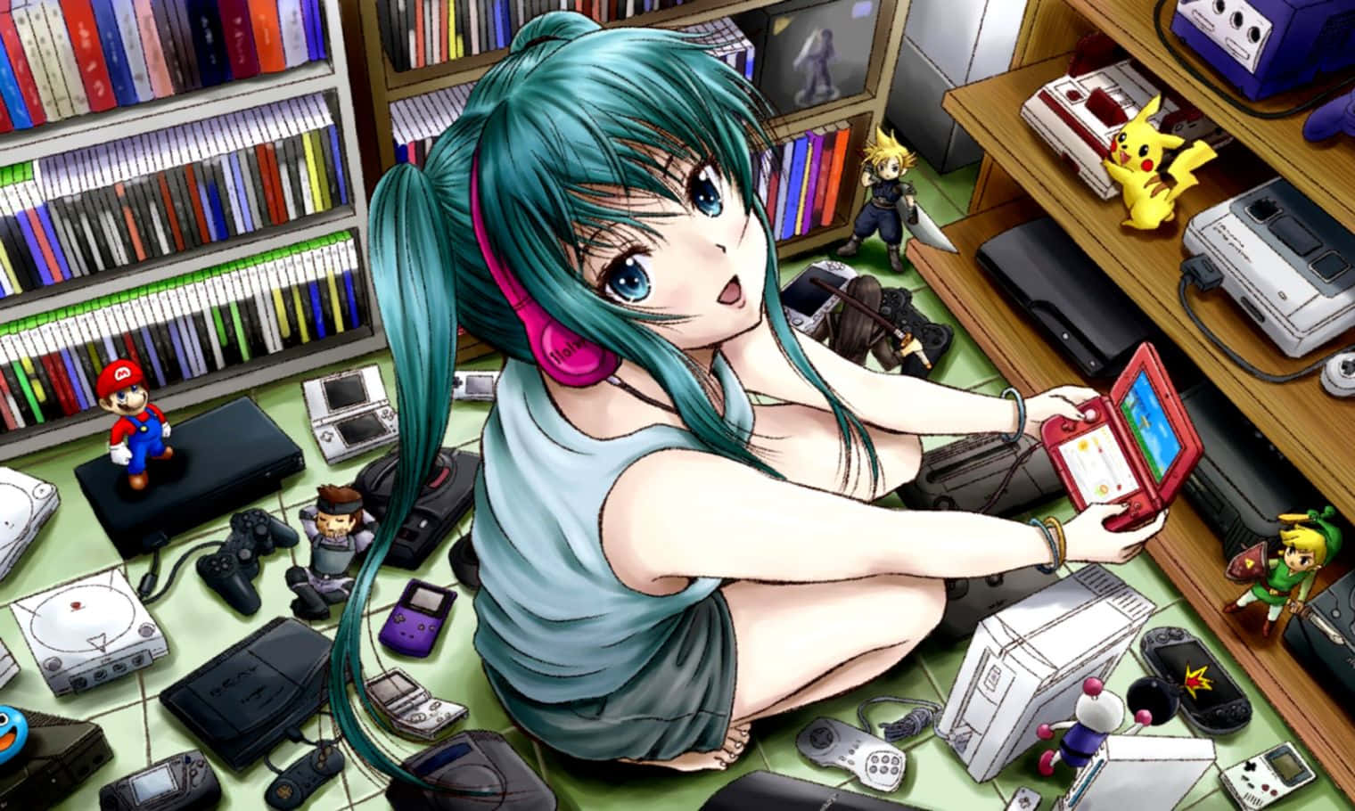 Vocaloid 初音未來化身可愛遊戲玩家 壁紙 — 動漫女孩，扎著青綠色雙馬尾，坐在遊戲機和玩具中，手持紅色掌上遊戲機。