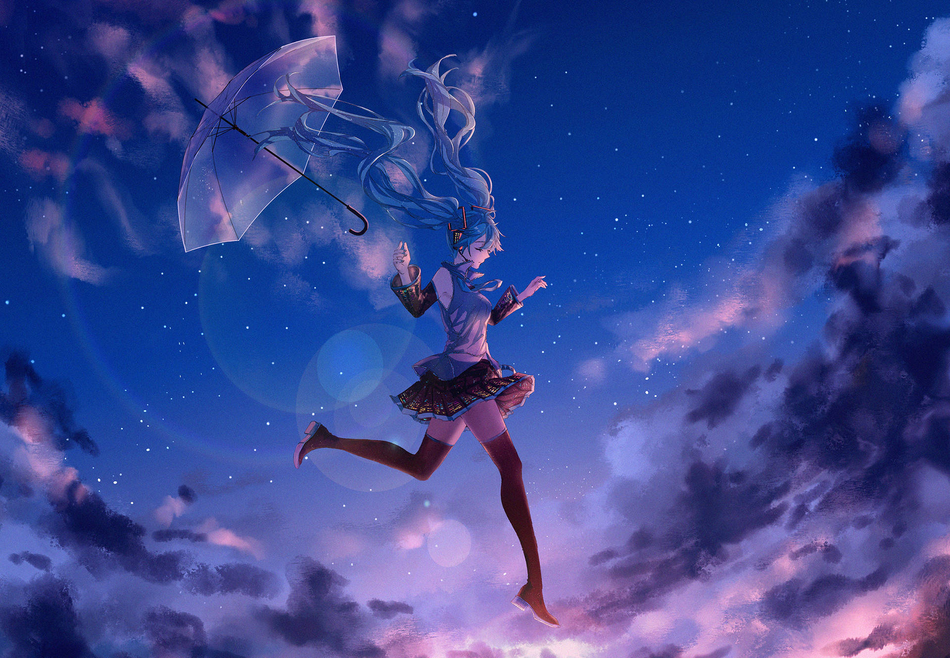 藍髮動畫女孩在星空下持透明雨傘奔跑