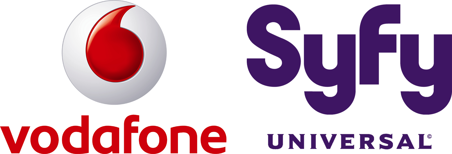 Vodafone與Syfy Universal標誌 壁紙 — Vodafone 和 Syfy Universal 標誌並排顯示在黑色背景上。