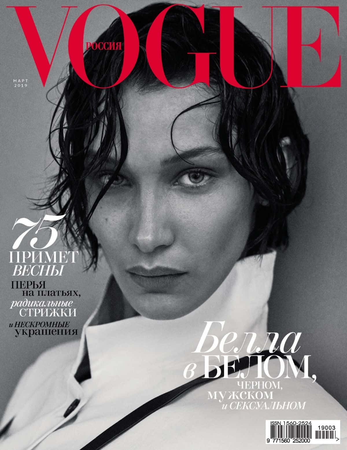 Magazine 桌布 壁紙 — Vogue Russia 的單色封面，Bella Hadid 濕髮凌亂，眼神銳利，身穿白色高領服裝。
