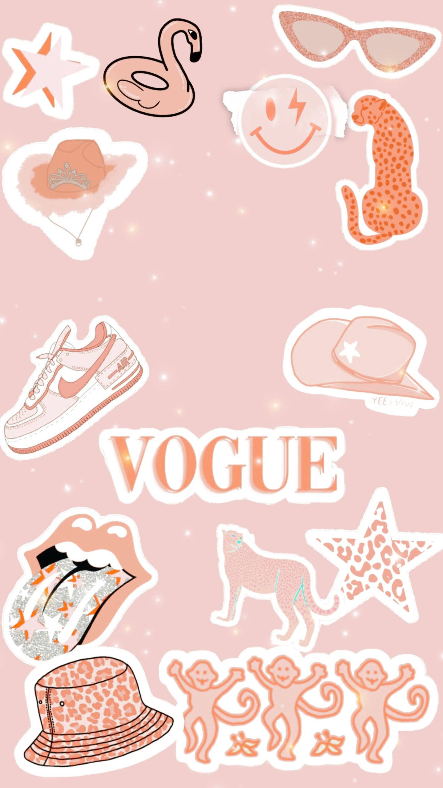 Vogue學院風圖案 壁紙 — 粉紅色柔和牆紙拼貼，包含可愛貼紙，如紅鶴、太陽眼鏡、運動鞋和 Vogue 文字。