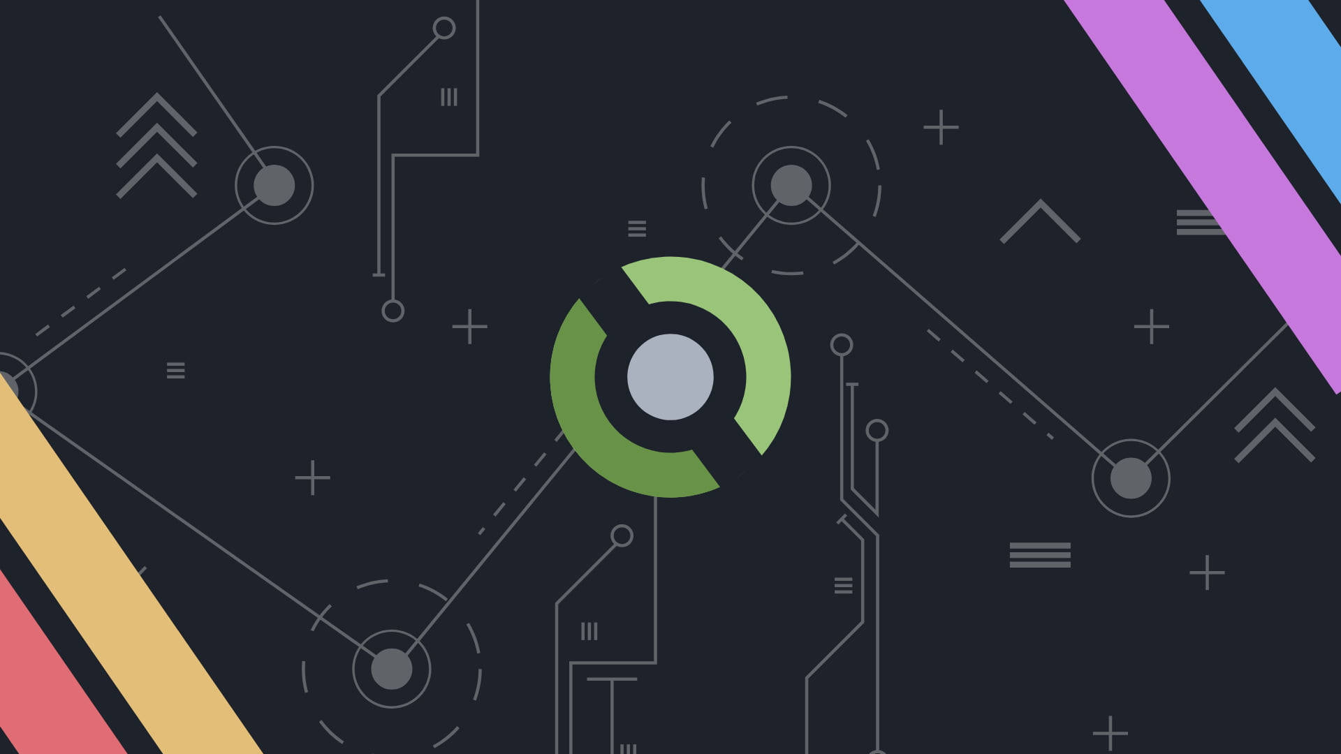 Void Linux 程式設計 壁紙 — 一個深色數碼電路板圖案，中央有綠色載入圓圈，邊緣有彩色對角線條。