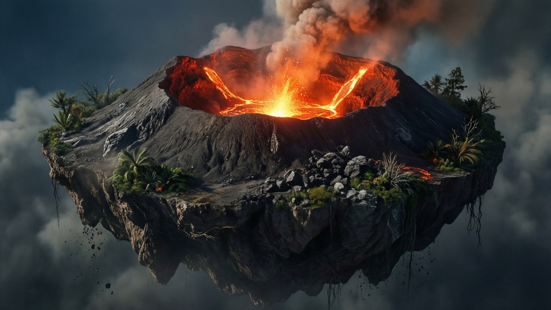 漂浮的火山島噴發熔岩和煙霧，被雲層環繞