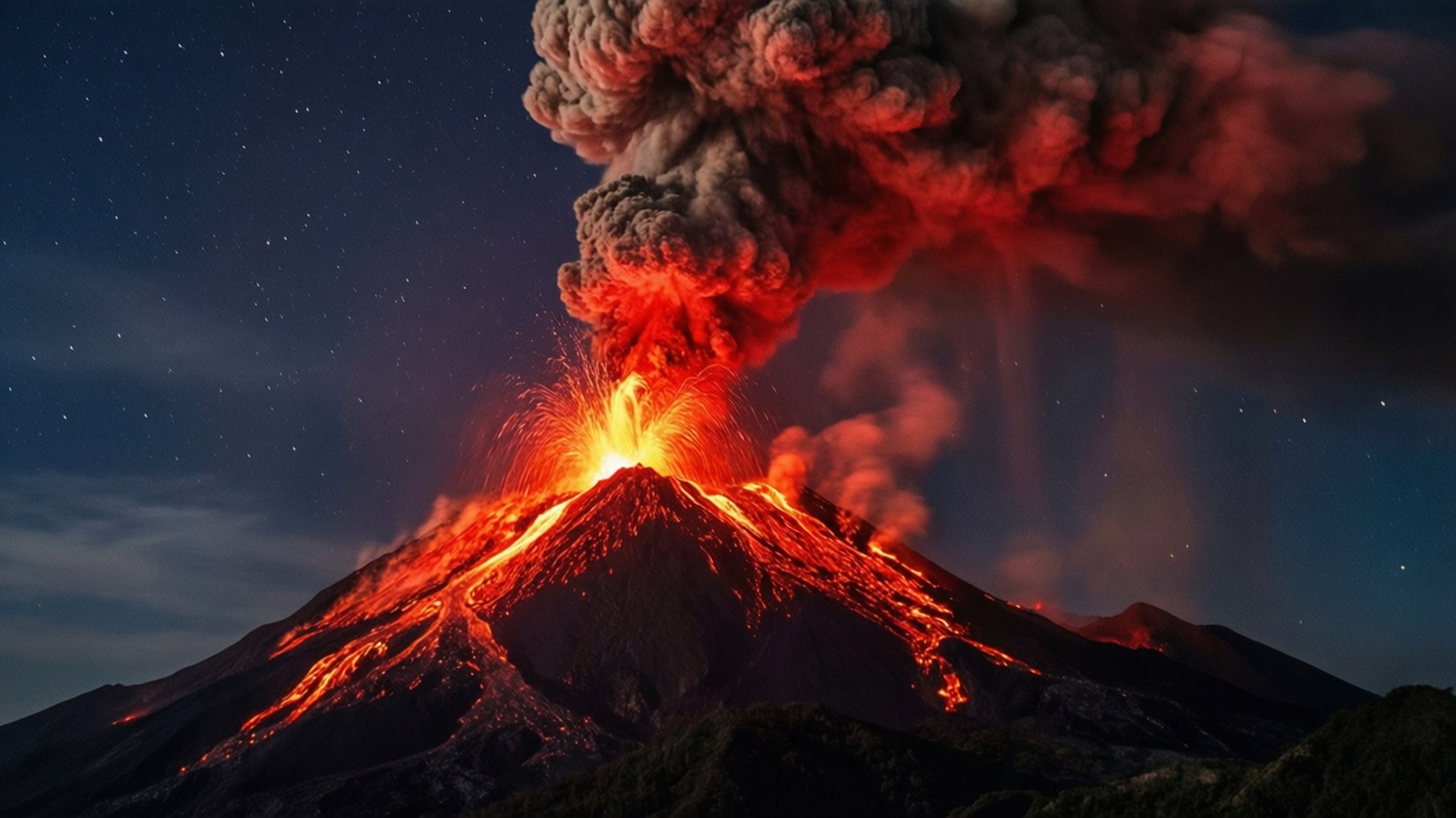 Thrilling 桌布 壁紙 — 夜晚火山爆發，發光的熔岩流和巨大的紅色煙霧柱在星空背景下。