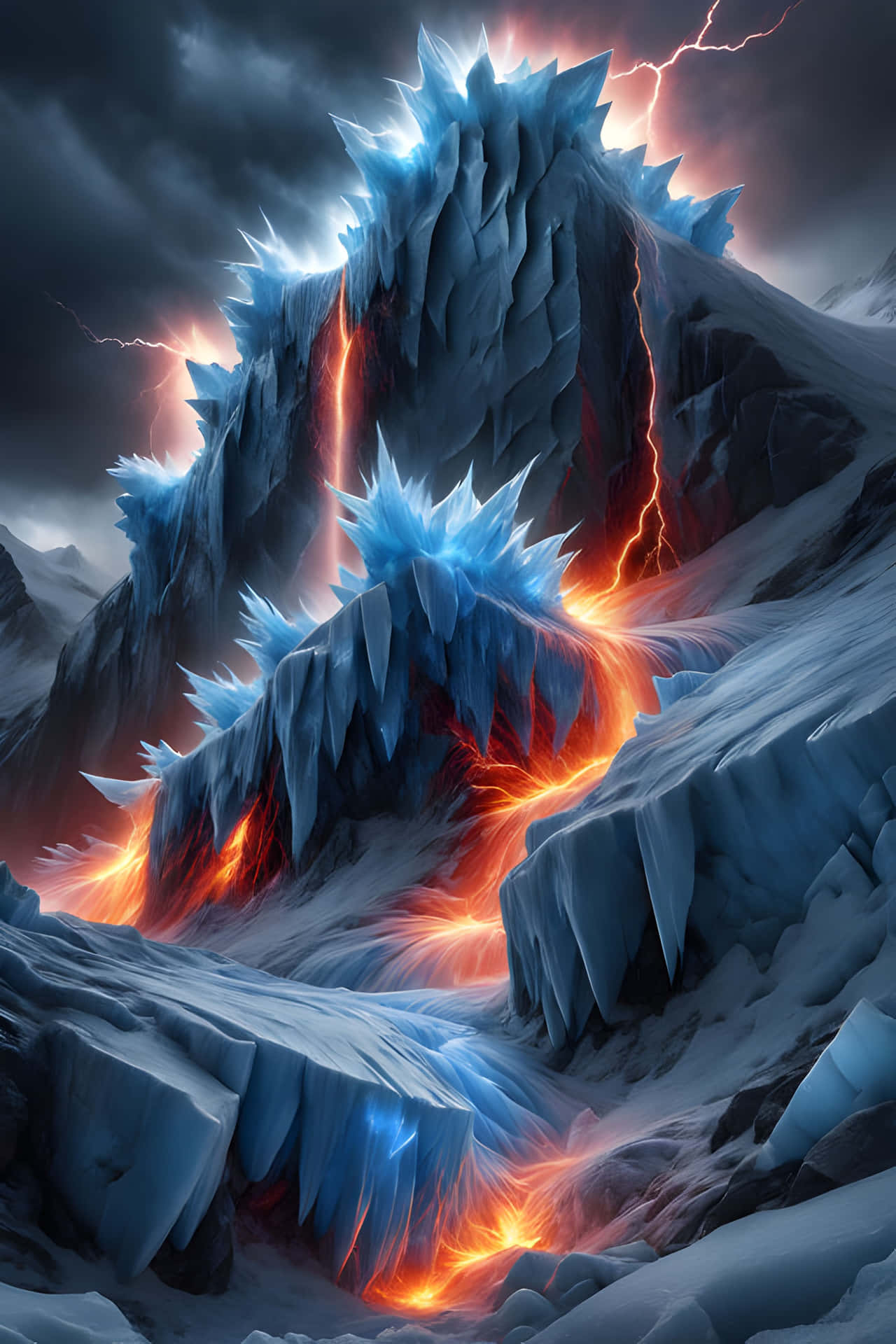 Volcanic Eruption Within a Frozen Glacier Under a Stormy Sky 壁紙 — 鋸齒狀的冰山裂開，熔岩在雷電交加的暴風雨天空下從其冰凍核心噴發而出。