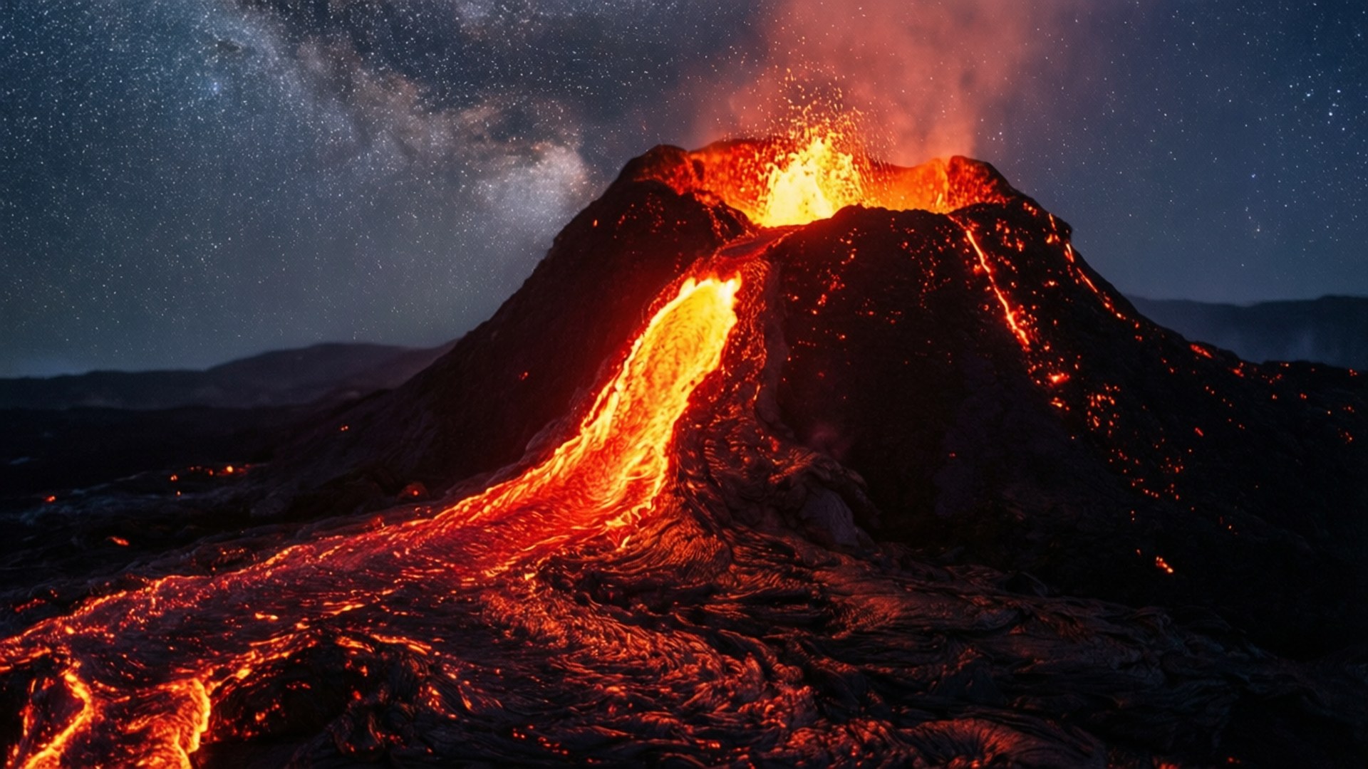 火山在夜間爆發，熾熱熔岩在星空下流動，銀河系可見