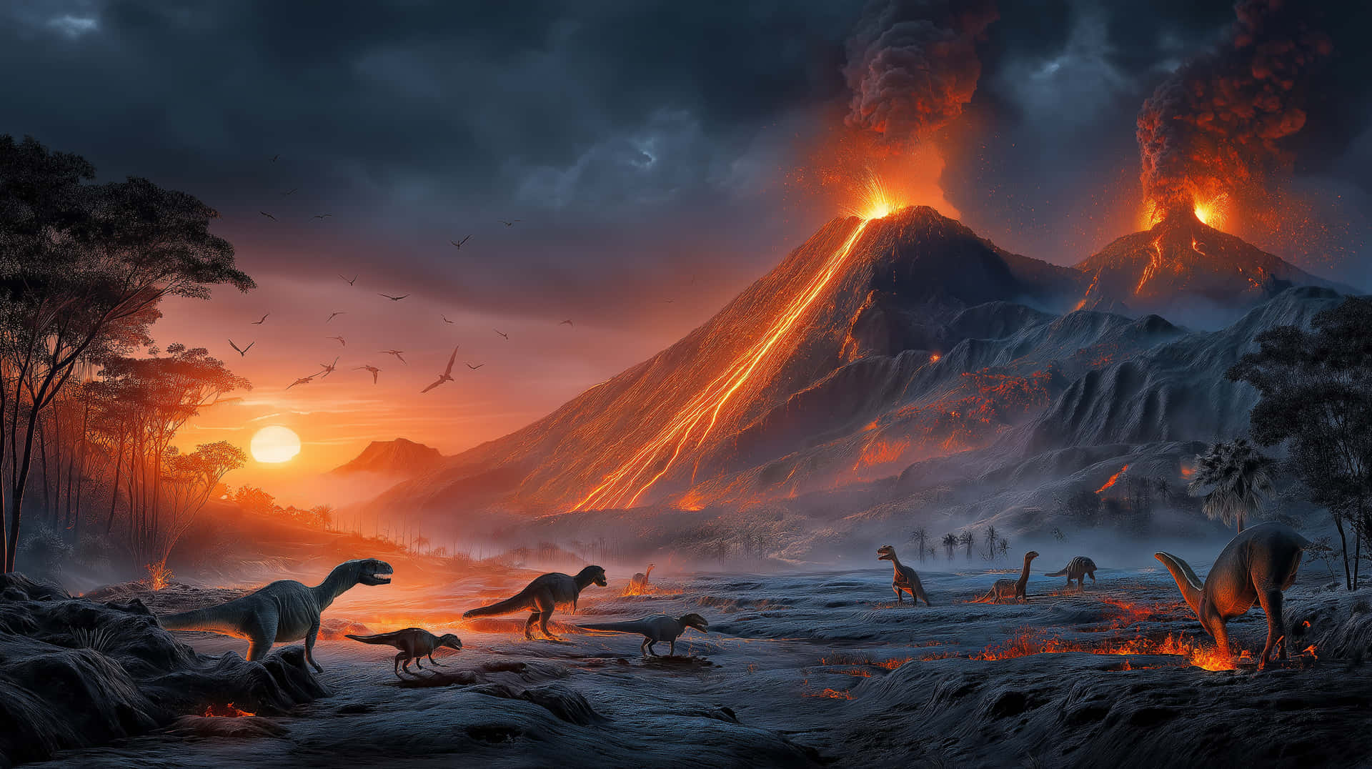 恐龍在噴發的火山附近行走，熔岩在熾熱的日落天空下流動