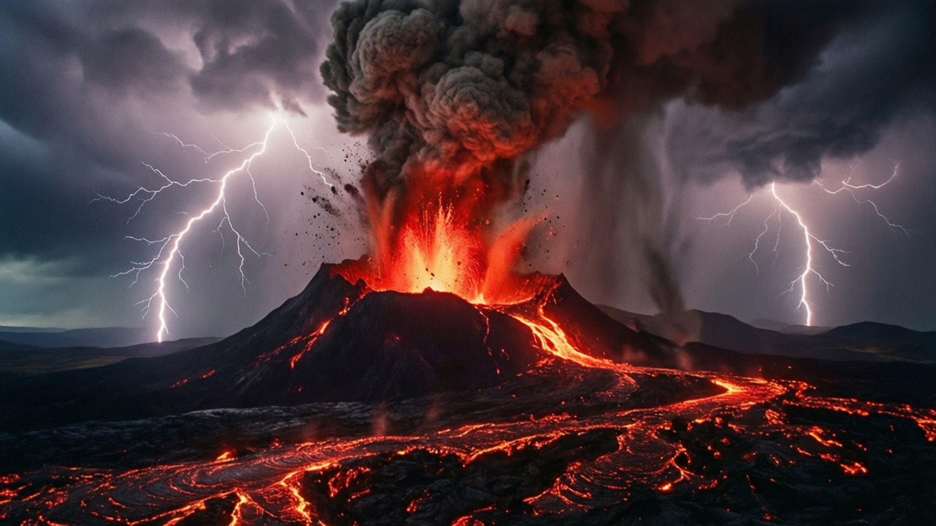 火山爆發，熔岩流動，閃電擊中暴風雨天空