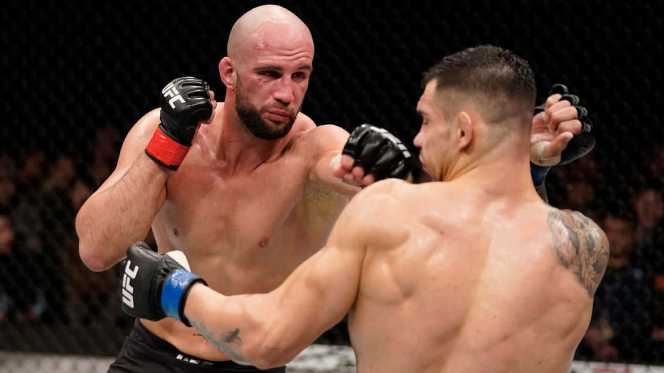 兩名MMA拳手在比賽中於UFC八角籠內互相出拳。