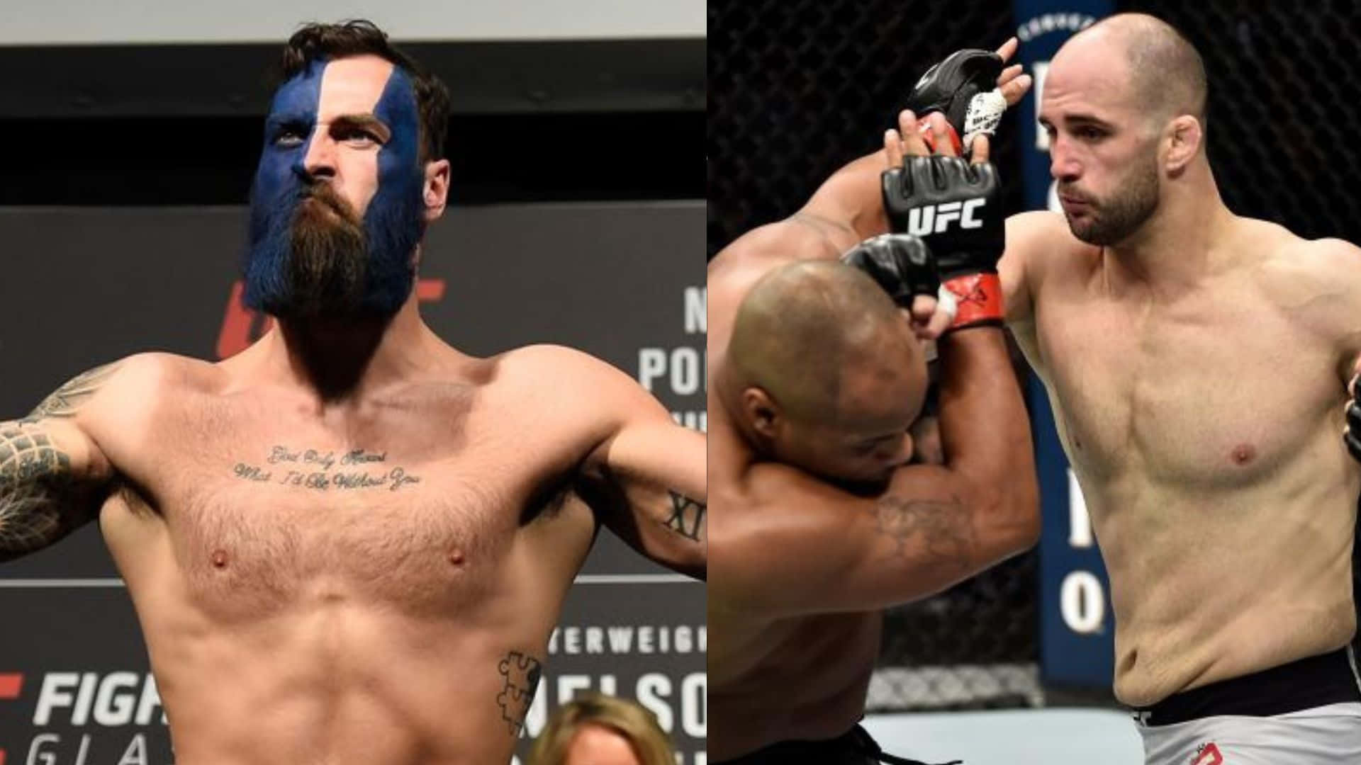 兩名男性MMA拳手，一名塗有藍色面部彩繪擺姿勢，另一名在八角籠內戰鬥。