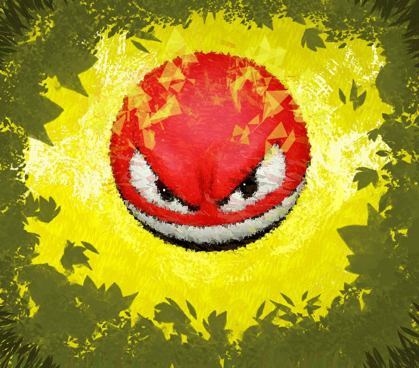 Voltorb — 電屬性寶可夢 壁紙 — 一個紅色的憤怒面孔，白色眼睛和黑色瞳孔，衝破一個被綠色樹葉包圍的黃色太陽爆發。